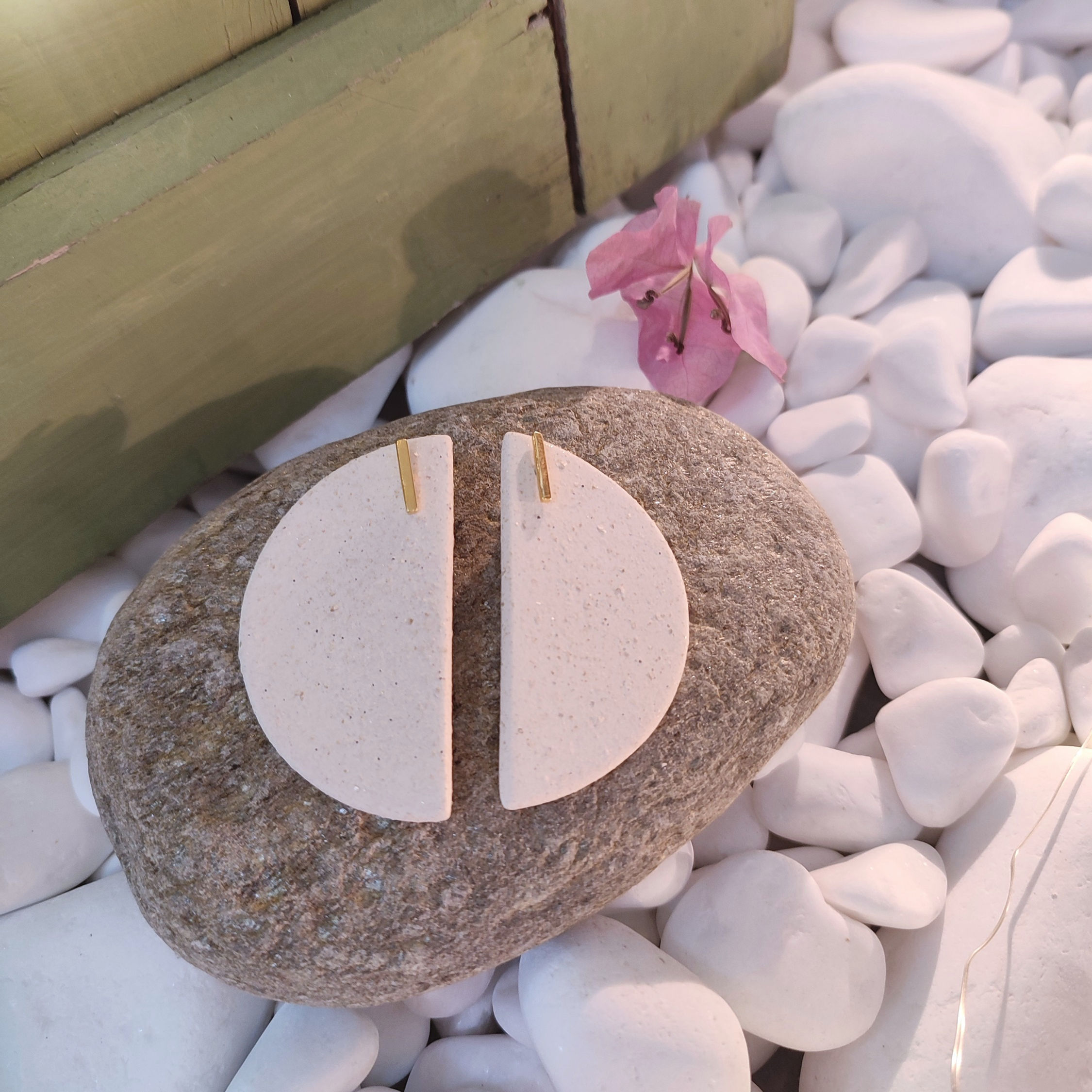 Ceramic Semi-Circle Earrings with Vertical Line - The Sand Collection