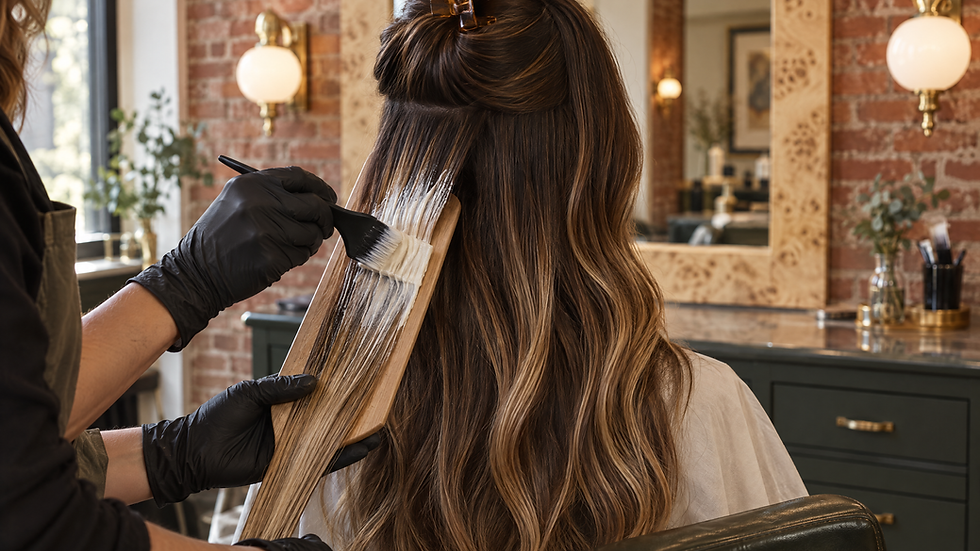 Balayage in Pittsburgh: colorist hand-painting balayage on long brunette hair at Aura Hair Studio