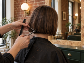 How to fix a bad haircut: stylist point-cutting an uneven bob at Aura Hair Studio in Pittsburgh