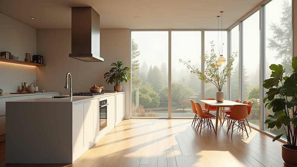 Eye-level view of modern kitchen with open-concept design and natural light