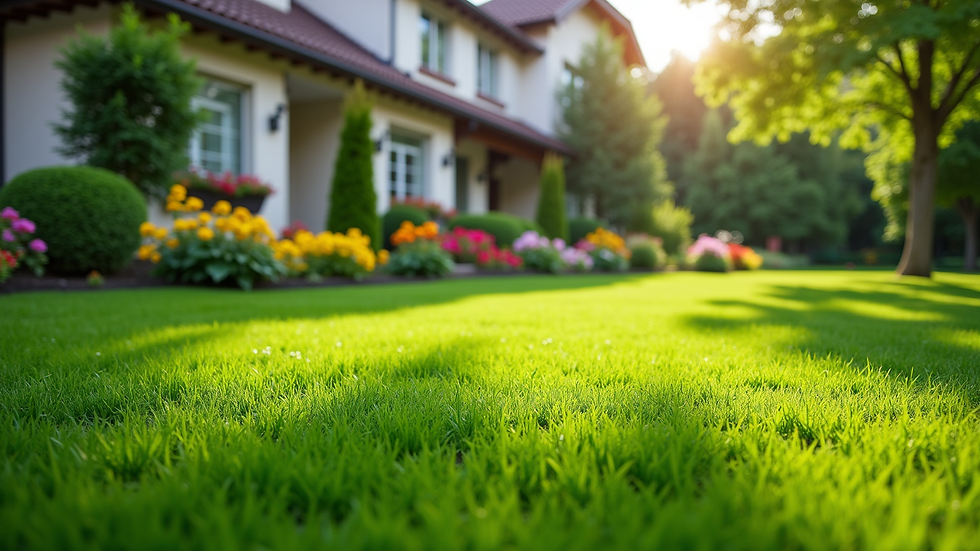 High angle view of a well-maintained residential lawn with flower beds