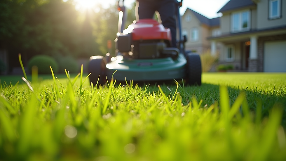 Eye-level view of a professional lawn care technician mowing a green lawn
