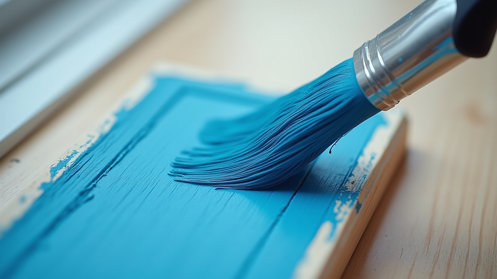 Close-up view of a paintbrush applying blue paint on wooden trim