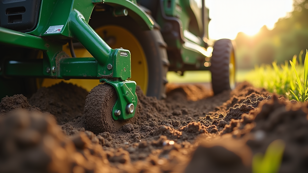 Eye-level view of a lawn aerator machine working on moist soil