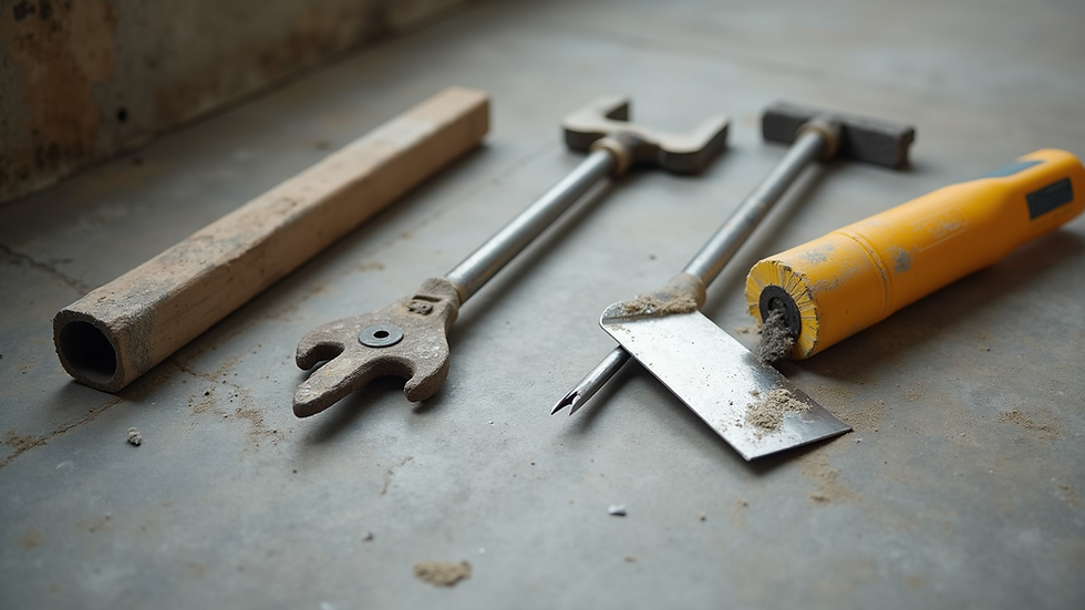Eye-level view of foundation repair tools and materials laid out on a concrete floor