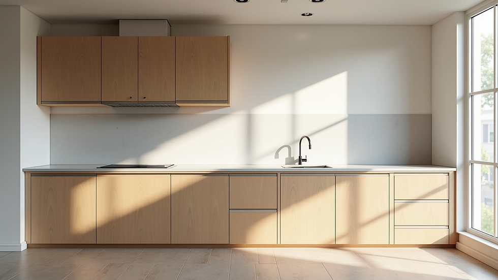 Wide angle view of a partially renovated kitchen with new cabinets and countertops