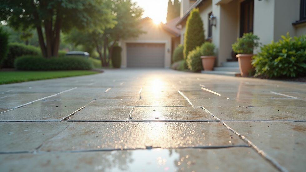 Eye-level view of a clean concrete driveway after pressure washing