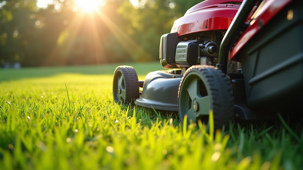 Close-up view of lawn mower cutting grass on a sunny day