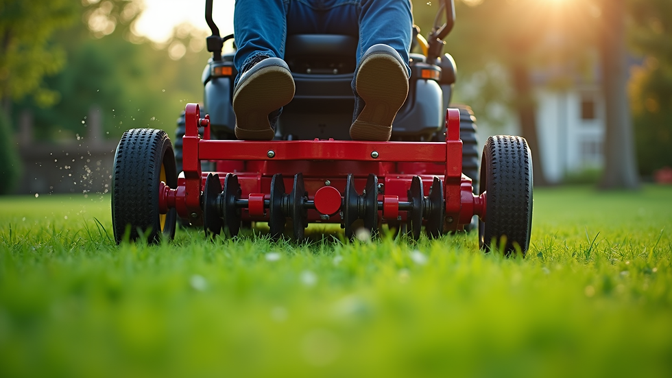 Close-up view of a lawn aerator machine in action on a green yard