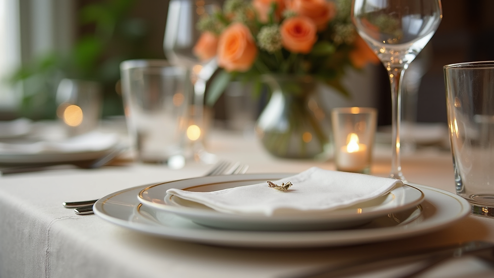 Close-up view of elegant table setting with linen and tableware rentals