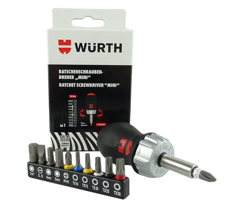 Викрутка ZEBRA®, коротка, з тріскачкою та бітами 10 шт Wurth 061363050