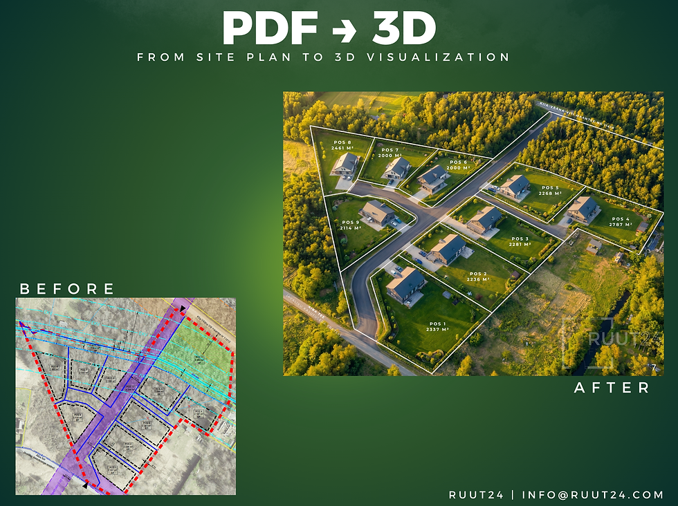 Tonttijakosuunnitelman 3D-visualisointi lämpimässä iltavalossa, asuinrakennuksilla ja jaetuilla tonteilla