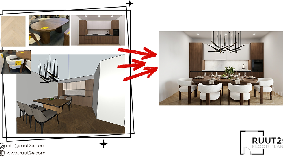 Ruokailutilan ja keittiön fotorealistinen 3D-renderöinti kiinteistömarkkinointia varten