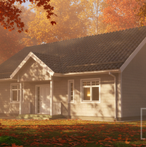 Puitmaja 3D render sügiseses õhtuvalguses