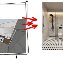 Fotorealistlik vannitoa 3D render enne ja pärast võrdlusena
