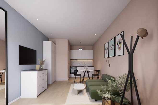 3D render by Ruut24 of a modern apartment living room interior with view towards the kitchen.