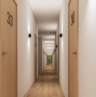3D render by Ruut24 of an apartment corridor with numbered doors.