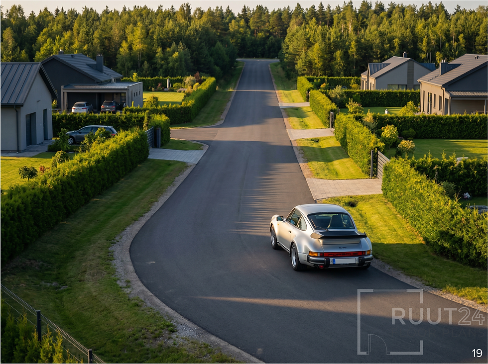 3D-gatescene av et boligområde laget ut fra en tomtedelingsplan