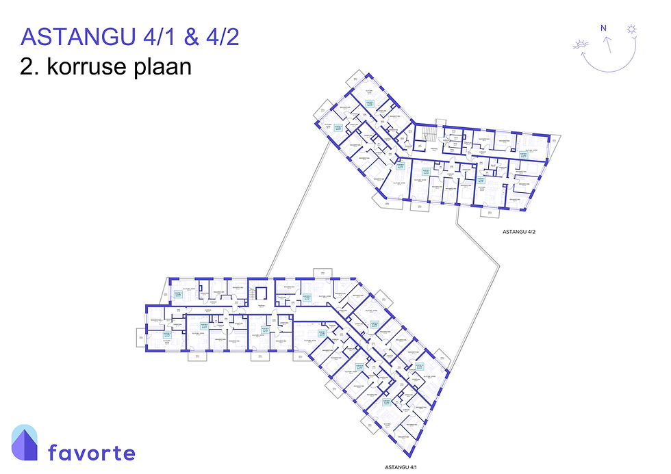 Marketing floor plan of the second floor of an apartment block with all apartments, numbers, room counts and areas