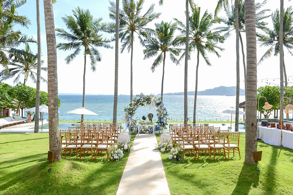 Eye-level view of a luxurious Bali villa poolside setup for a wedding ceremony