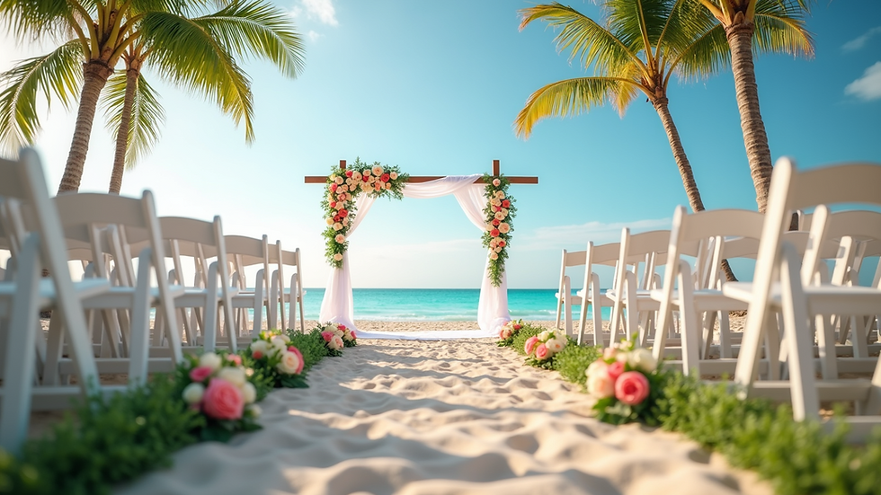 Eye-level view of a tropical beach wedding setup with white chairs and floral decorations