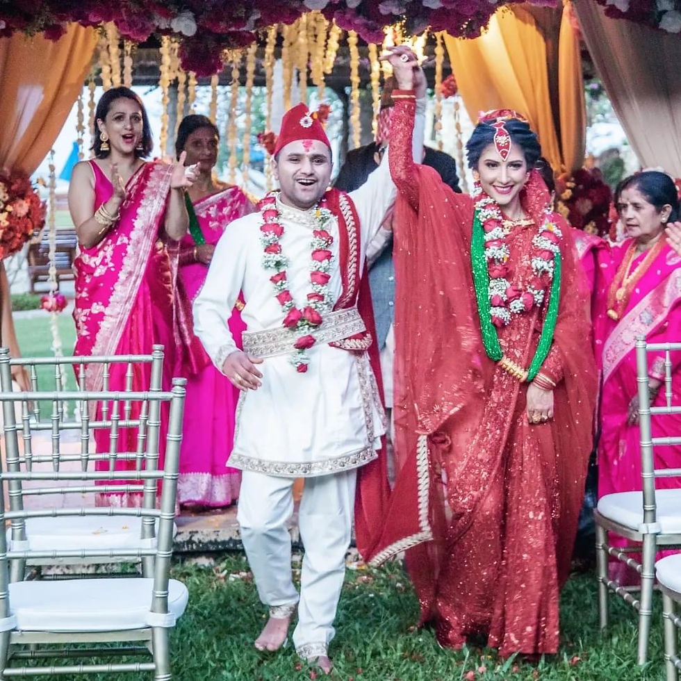 Celebrations after a Hindu Nepali ceremony, followed by photos on the beach.