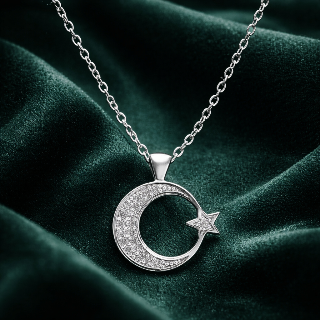 Zirkon Taş Kaplı Tamamı Taşlı Ay Yıldız Kolye Silver