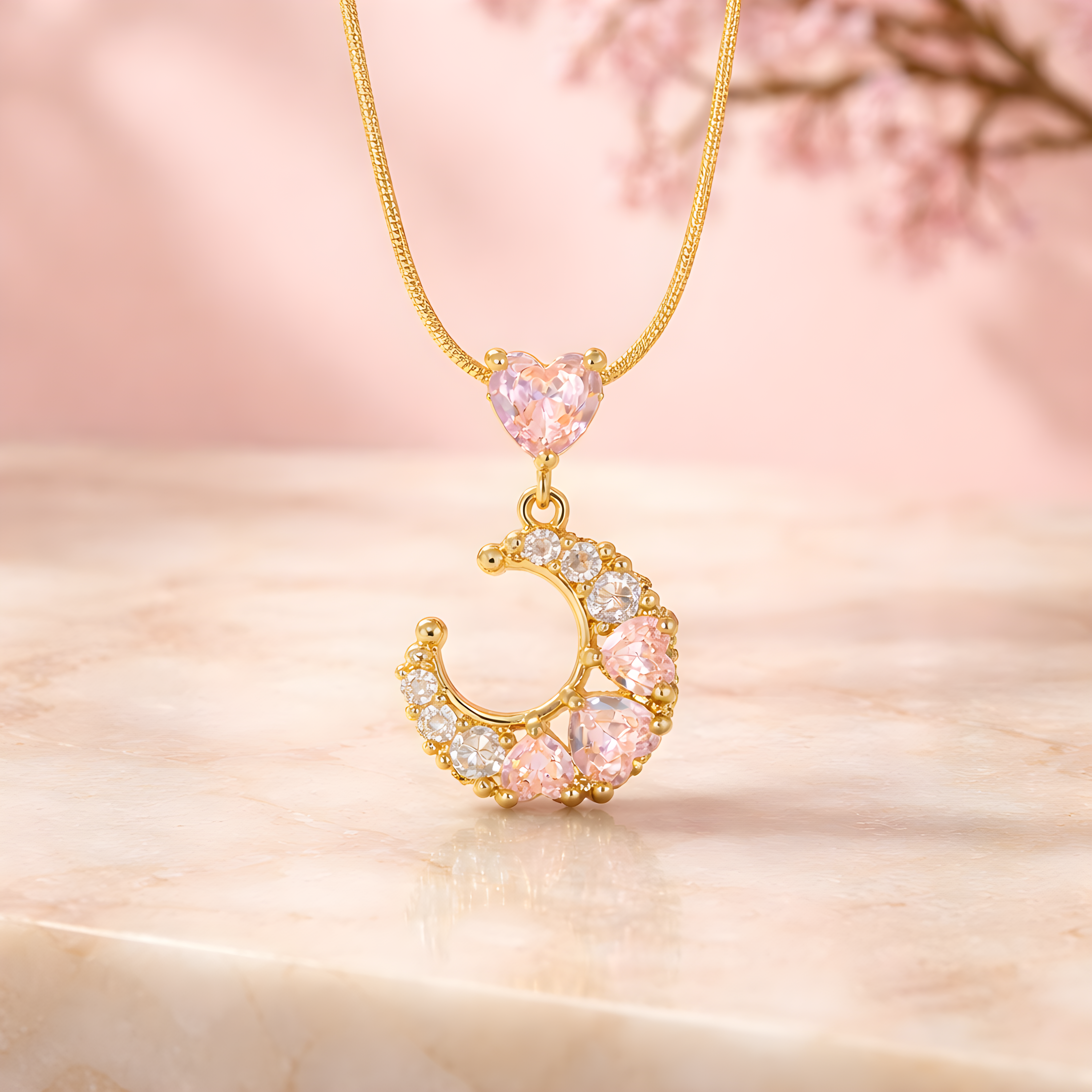 Pembe Zirkon Taşlı Hilal ve Kalp Kolye Gold