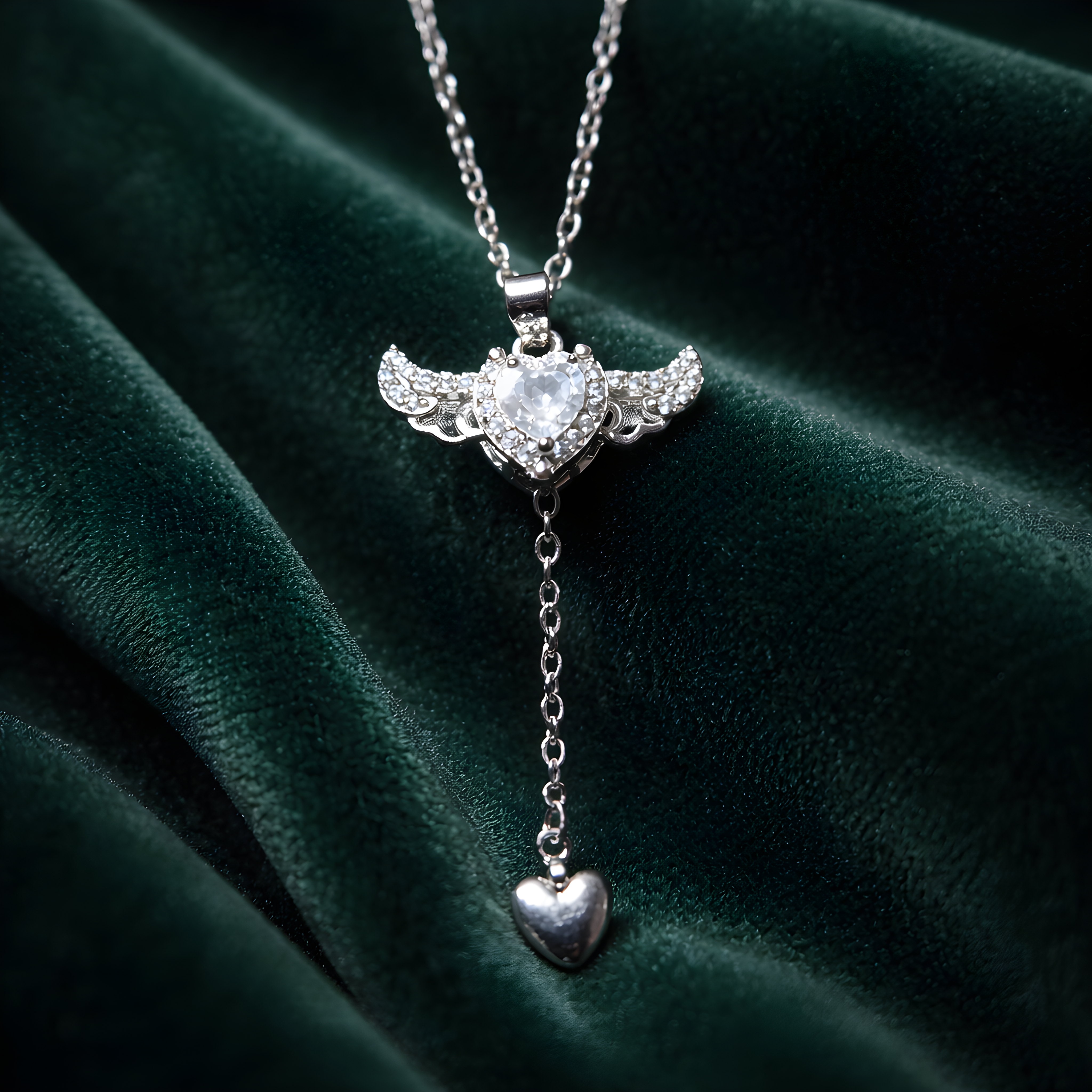 Zirkon Taşlı Kanatlı Kalp Kolye Silver