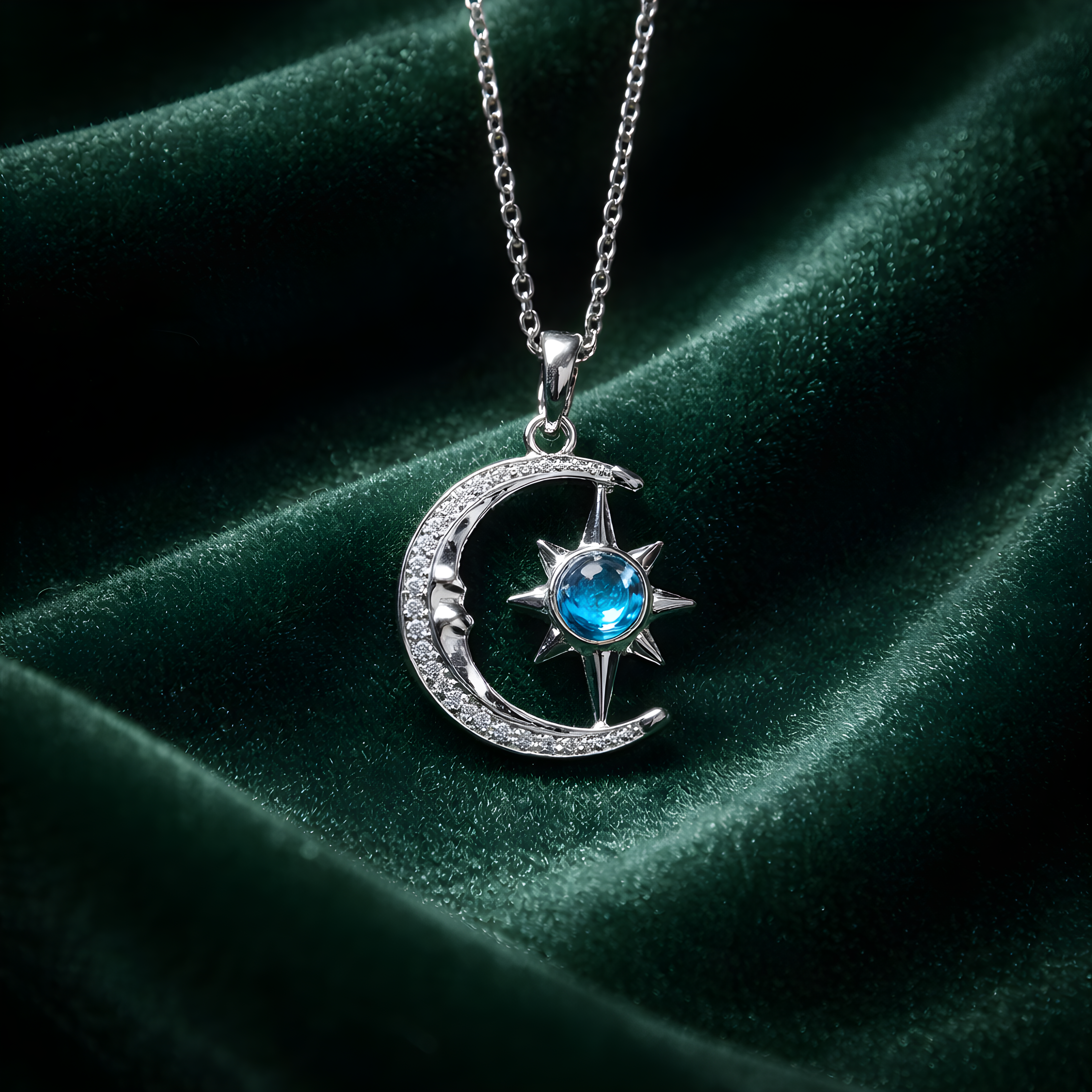 Mavi Taşlı Ay Güneş Kolye Silver