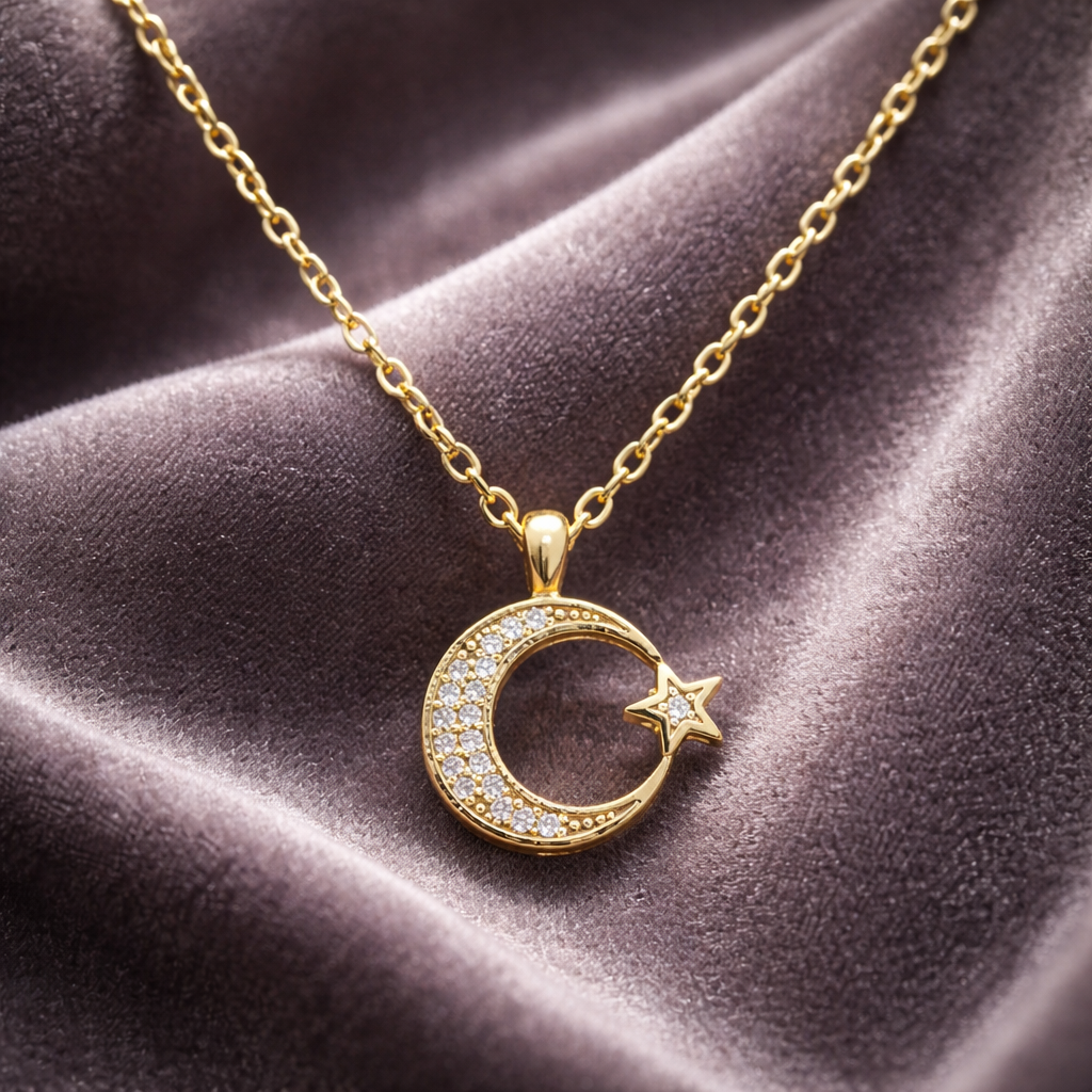 Zirkon Taş Kaplı Tamamı Taşlı Ay Yıldız Kolye Gold