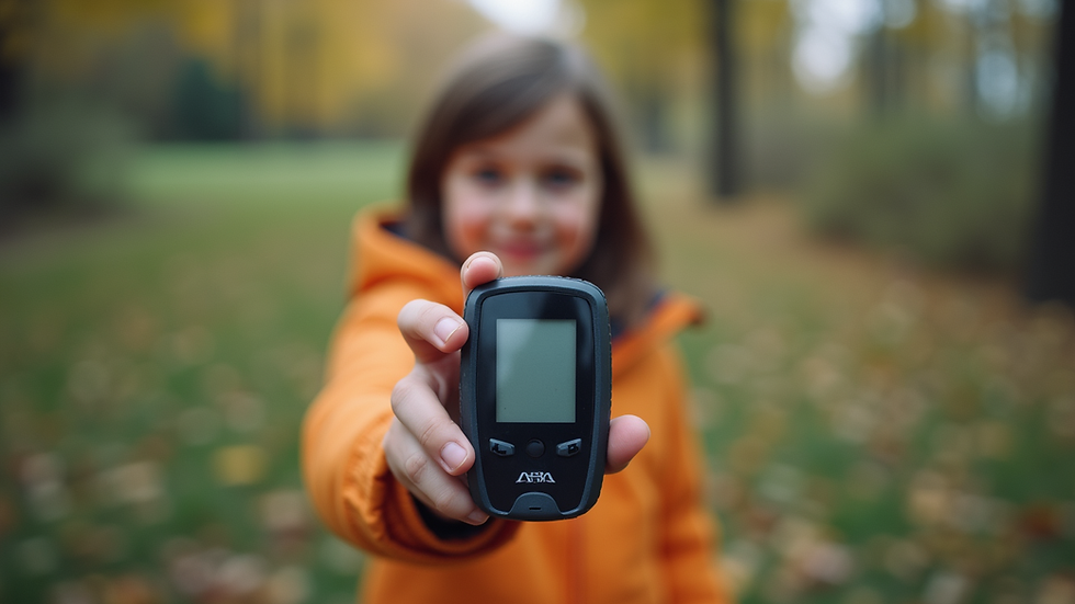 Eye-level view of a child holding a GPS tracking device