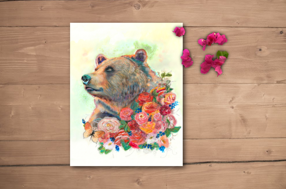 Grizzly Bear among flowers art print