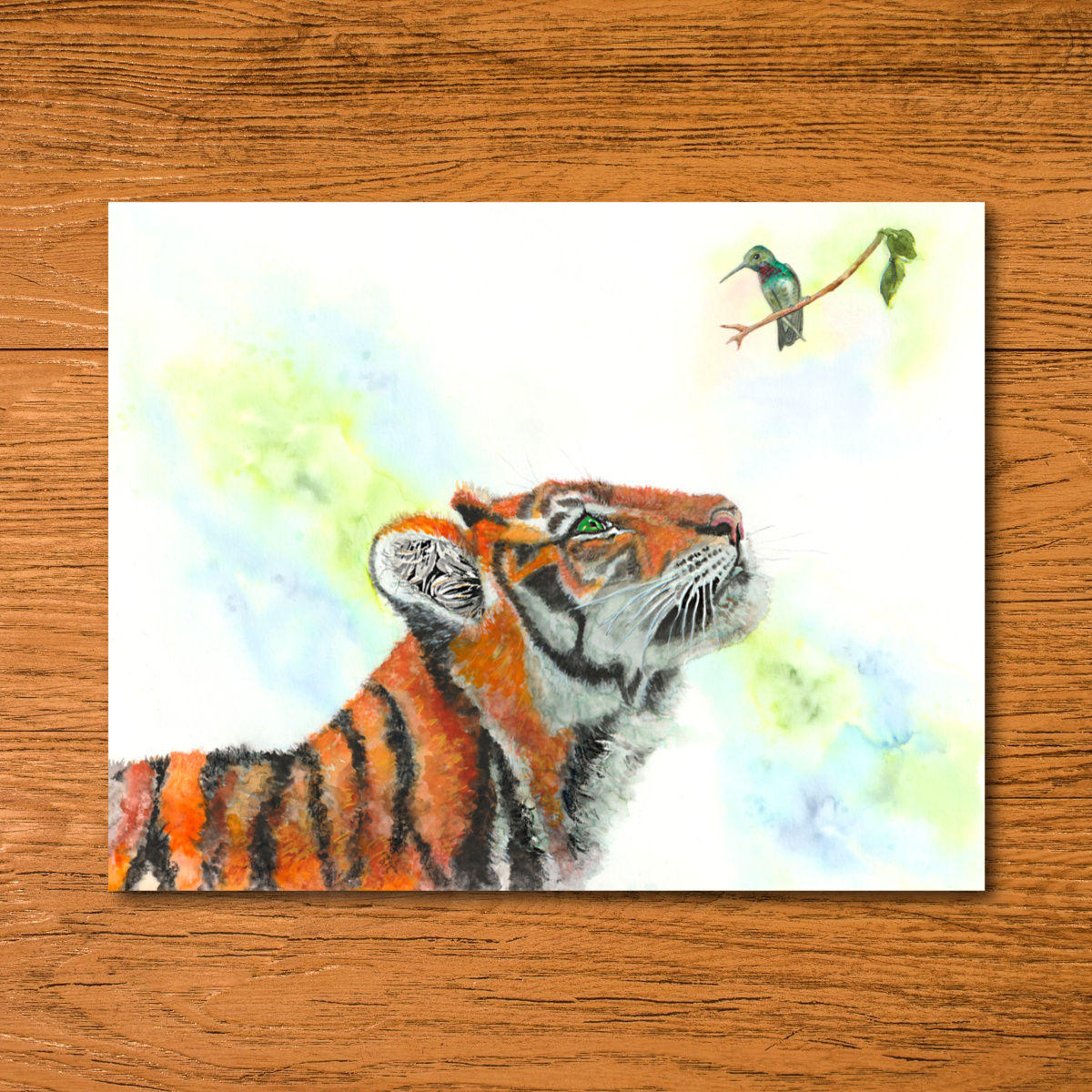 Watercolor Tiger and Hummingbird art print