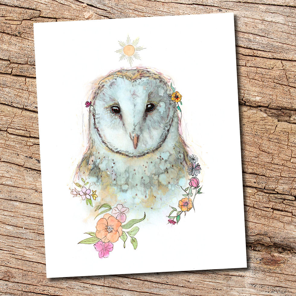 Barn Owl with flowers art print