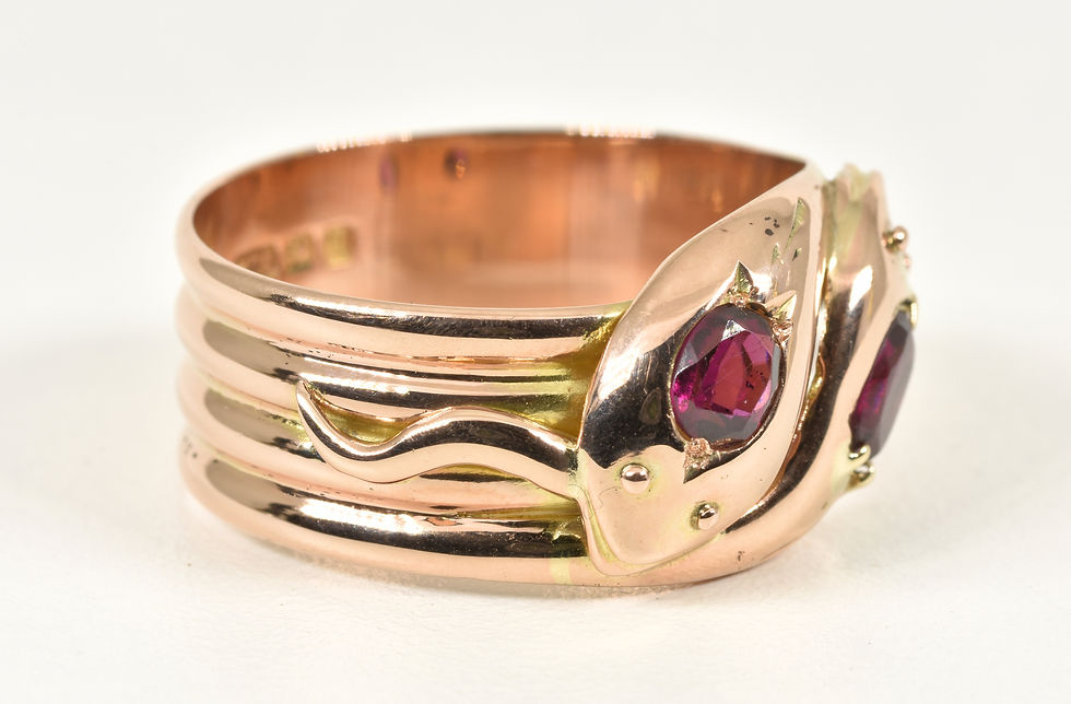 Thumbnail: Antique George V 9ct Rose Gold Double Snake Garnet Ring, (Birmingham,1915)