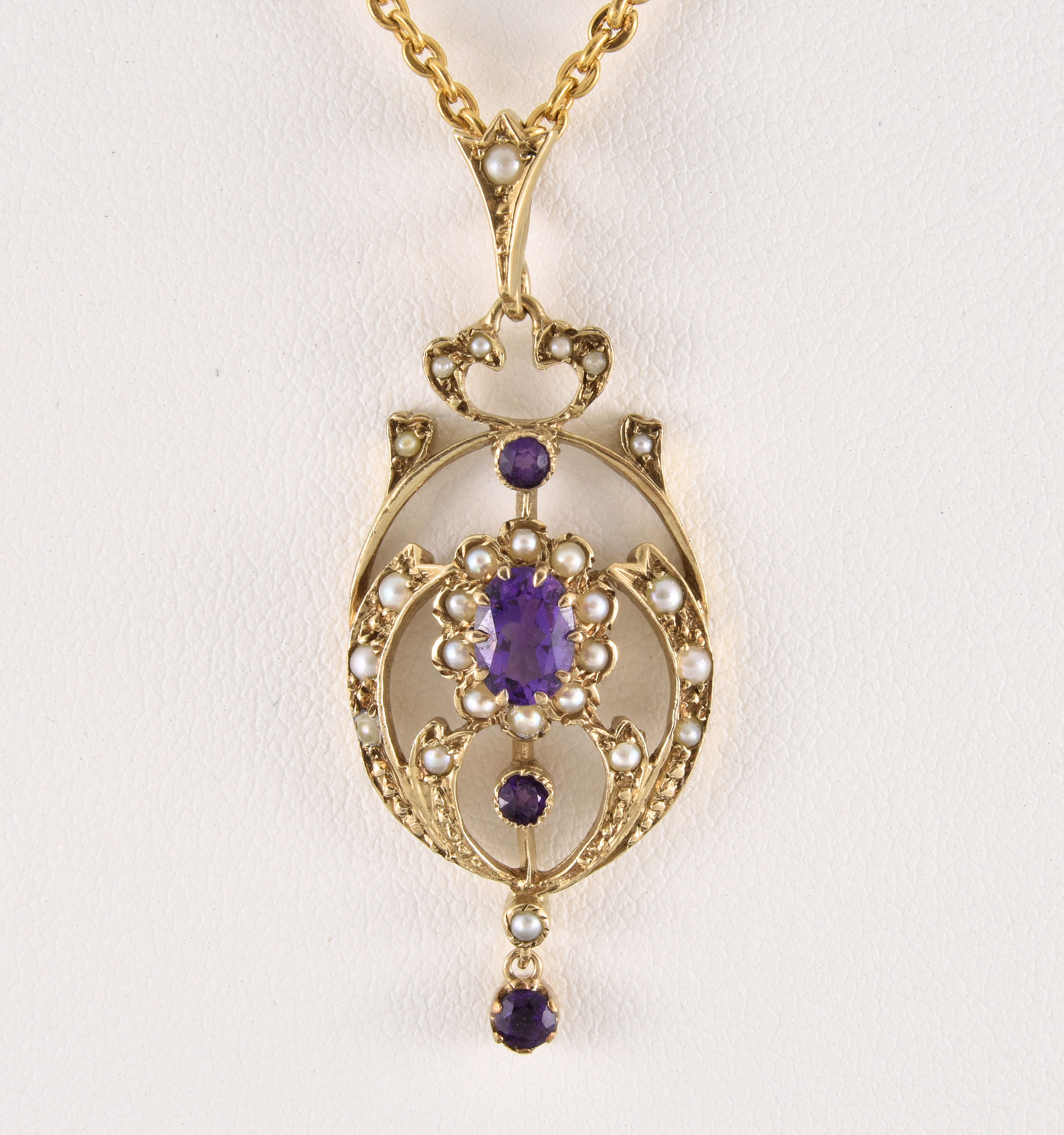Vintage Victorian Style 9ct Gold Amethyst Seed Pearl Lavalier Pendant, 1988