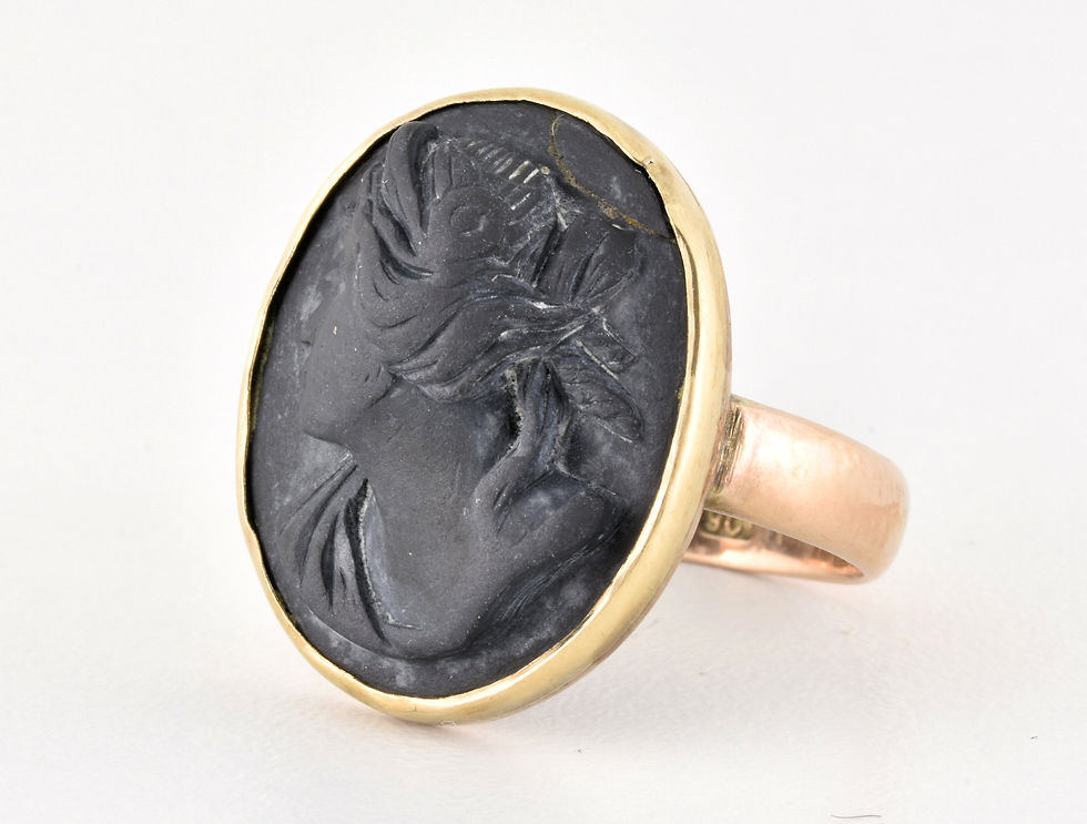 Thumbnail: Antique Victorian 9ct Rose Gold Large Carved Black Basalt Lava Cameo Ring, c1880