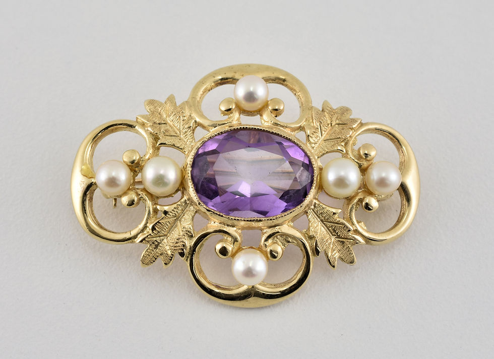 Thumbnail: Vintage 9ct Gold Amethyst & Pearl Brooch