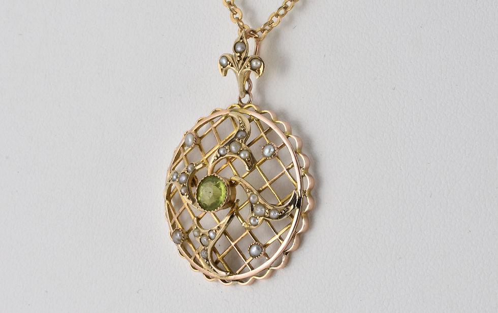 Thumbnail: Antique Edwardian 9ct Gold Peridot Seed Pearl Pendant & 9ct Gold Chain