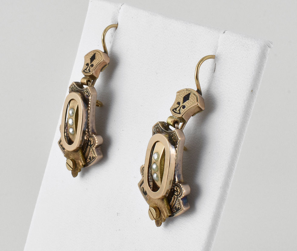 Thumbnail: Antique Victorian Etruscan Revival 15ct Gold Pearl & Enamel Drop Earrings