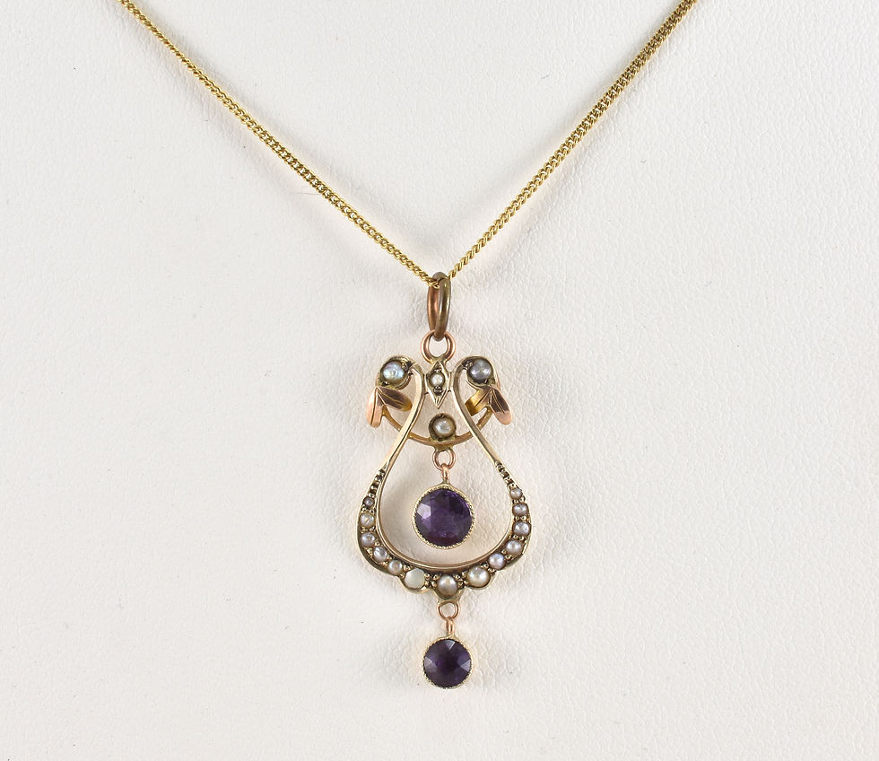 Antique Edwardian 9ct Rose Gold Amethyst Seed Pearl Pendant &18ct Chain