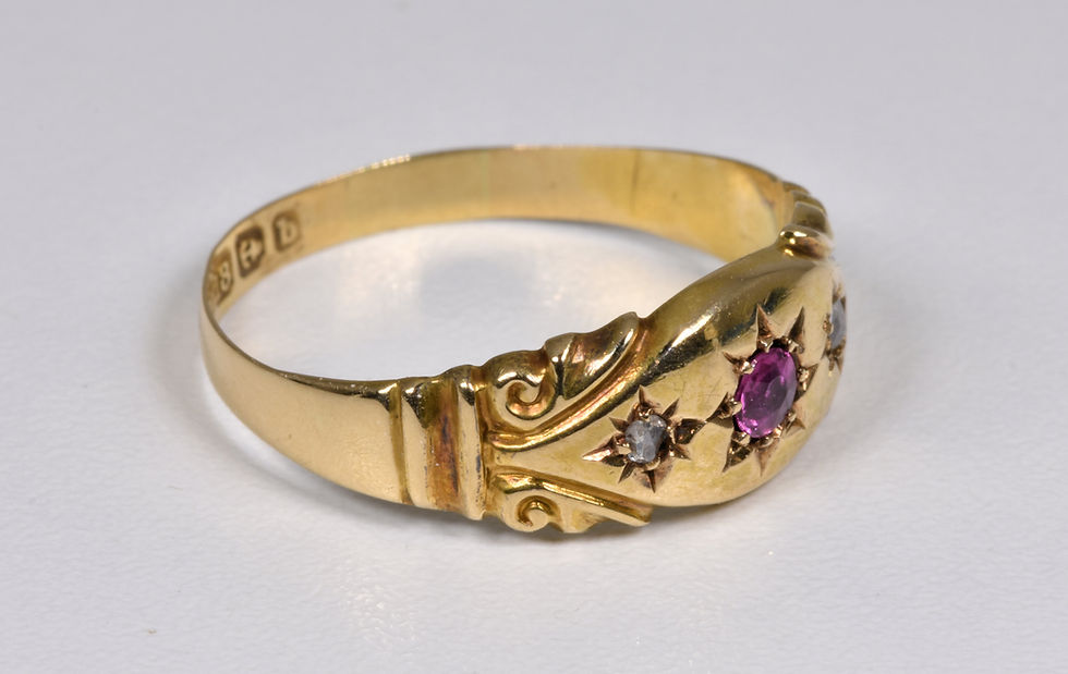 Thumbnail: Antique Late Victorian 18ct Gold Ruby & Diamond Gypsy Ring (1901)