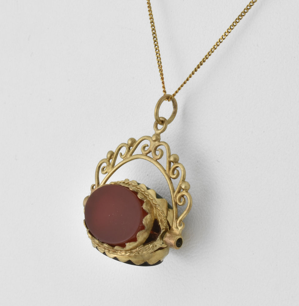 Thumbnail: Vintage 9ct Gold Dark Green Agate, Carnelian & Onyx Spinning Fob Pendant