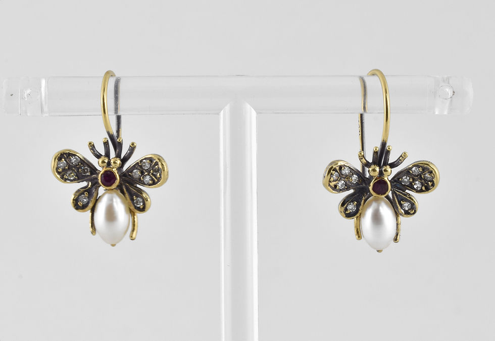 Antique Victorian 14ct Gold Cultured Pearl Ruby & Diamond Drop Fly Earrings