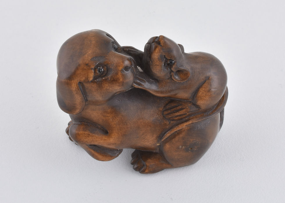 Antique Japanese Boxwood Netsuke, Mouse & Dog, Signed