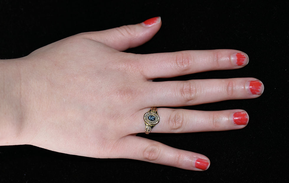 Thumbnail: Antique 15ct Gold Victorian Forget Me Not Sardonyx Pearl Mourning Ring, 1899