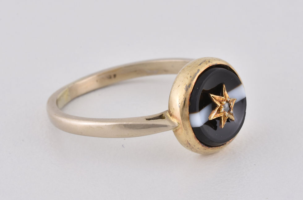 Thumbnail: Antique Victorian 18ct Gold Banded Agate & Diamond Closed Back Mourning Ring