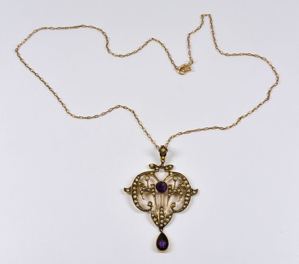 Thumbnail: Antique Victorian 9ct Gold Amethyst Seed Pearl Lavaliere Pendant & Chain, c1880