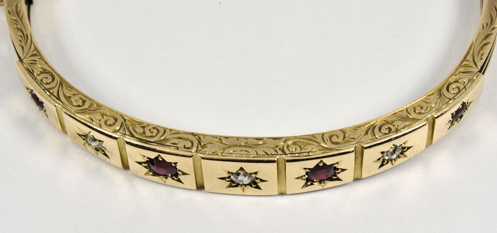 Thumbnail: Antique Victorian 15ct Gold Ruby & Diamond Gypsy Set Hinged Bangle, c1880